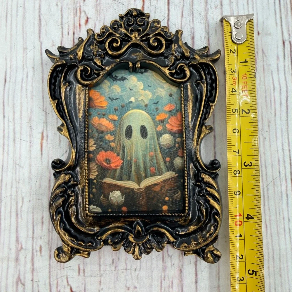 Ghost Reading Book Ornate Gold Black Resin Frame Decoupage Art Print 5in
